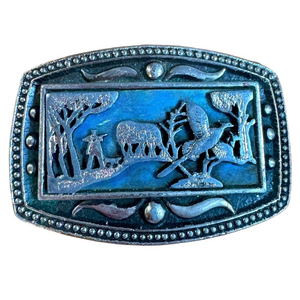 Vintage Metal Belt Buckle Man Hunting Pheasant Moose Collectible